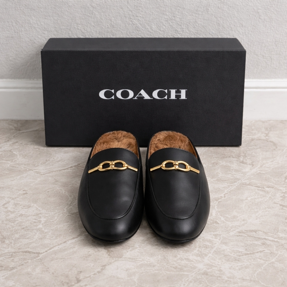 Coach Sienna Sherpa Slide Black Leather Mules